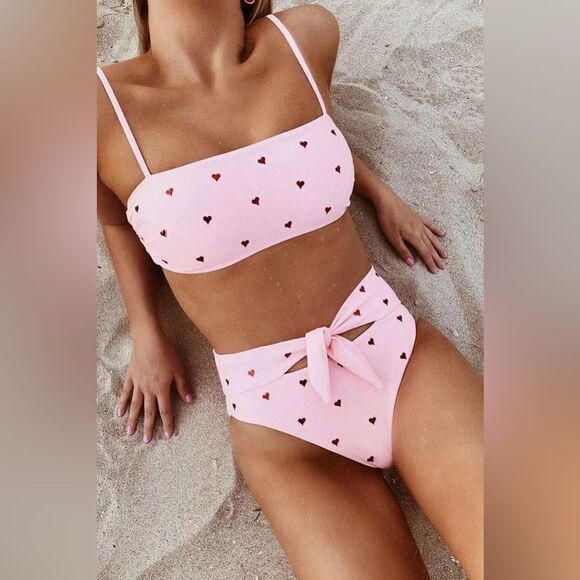 Florakini Pink Embellished Heart Tie Front Bikini Bottom Sz S NWOT - Picture 4 of 9